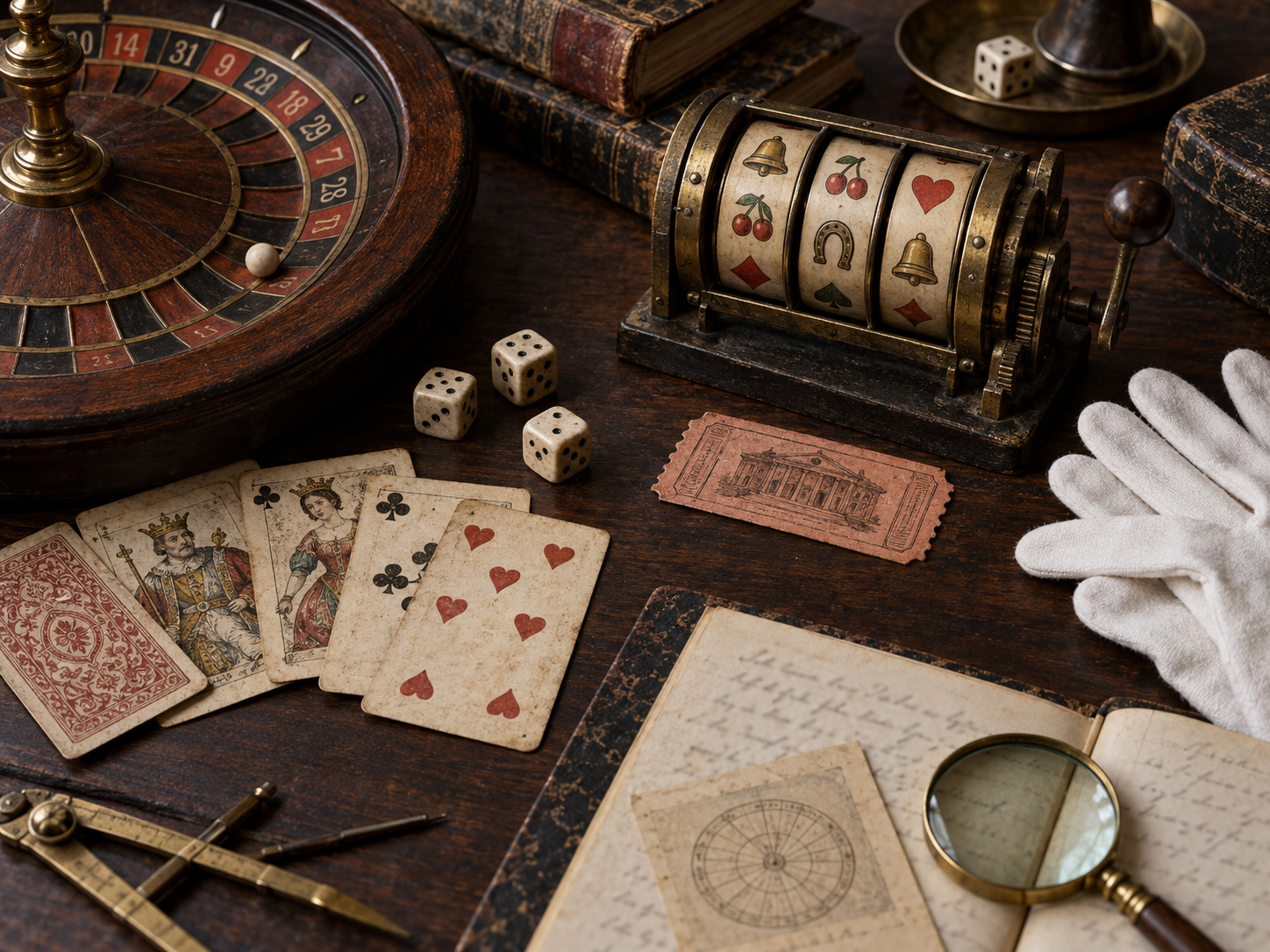 Historic gaming objects arranged on a museum archivist's table