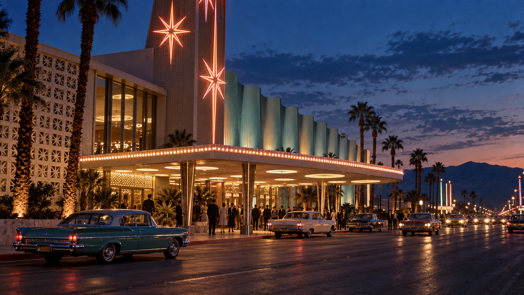 A 1960s Las Vegas casino at blue hour